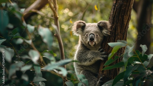 A koala is perched on a tree branch in a lush forest setting.