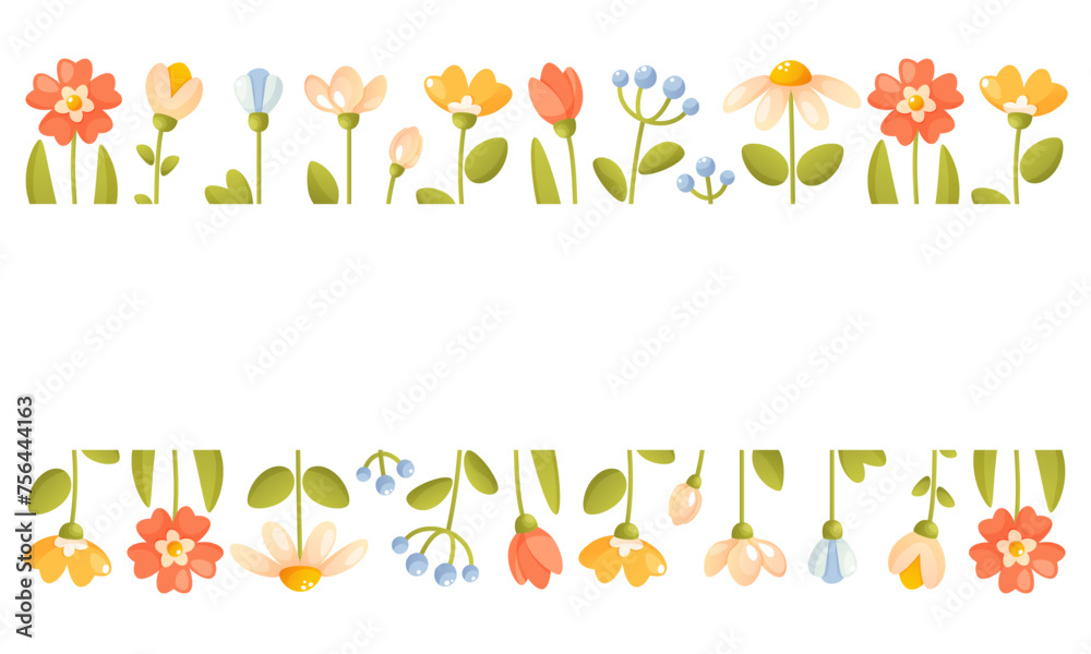 Vector illustration of a floral horizontal frame, border of flowers at the bottom and top. Summer spring flowers and green leaves. Mother's day, love day, wedding, for cards and invitations