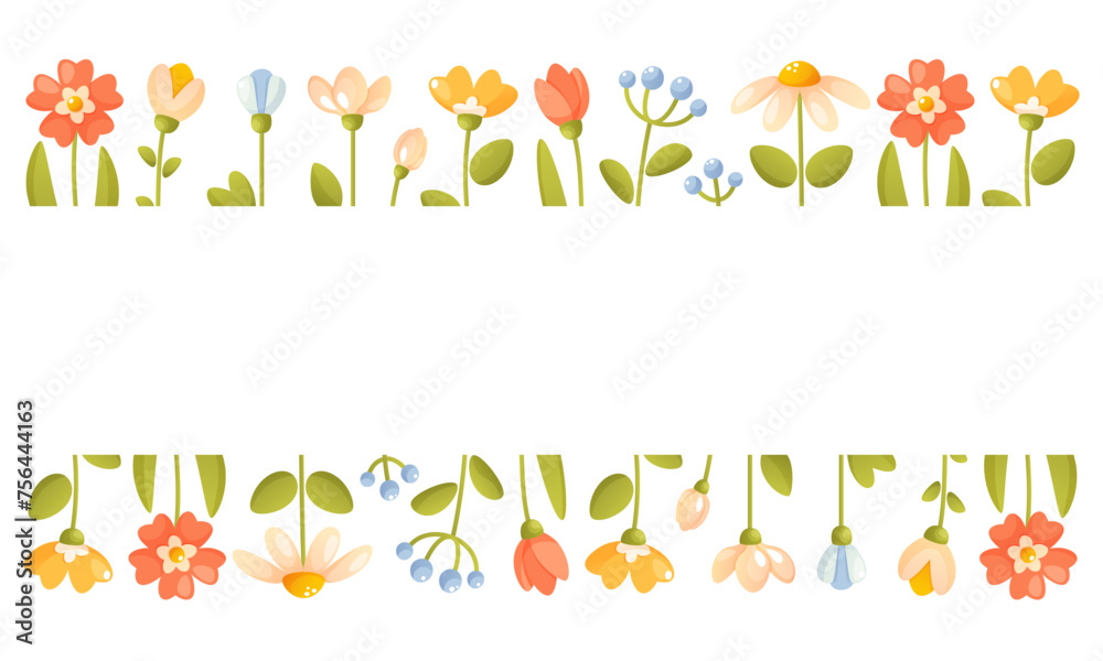 Vector illustration of a floral horizontal frame, border of flowers at the bottom and top. Summer spring flowers and green leaves. Mother's day, love day, wedding, for cards and invitations Vector illustration of a floral horizontal frame, border of flowers at the bottom and top. Summer spring flowers and green leaves. Mother's day, love day, wedding, for cards and invitations