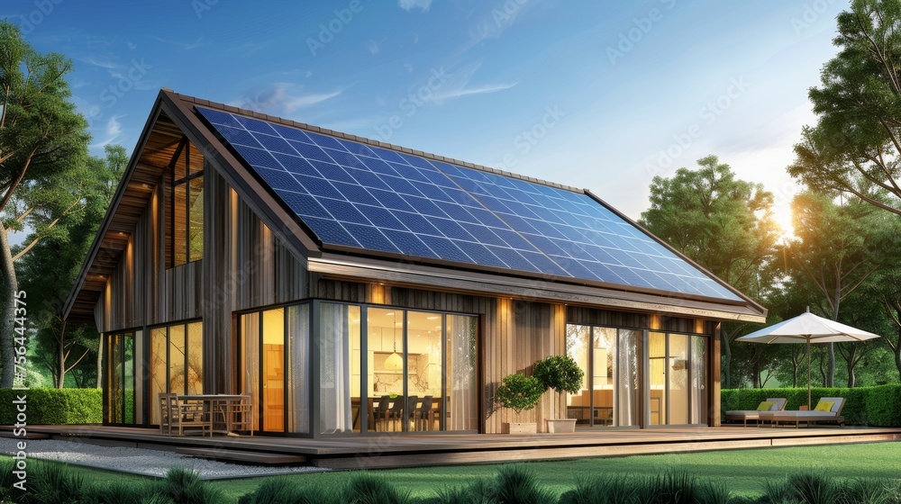 Solar panel integration on modern house roof, harnessing sun s energy for home power Solar panel integration on modern house roof, harnessing sun s energy for home power