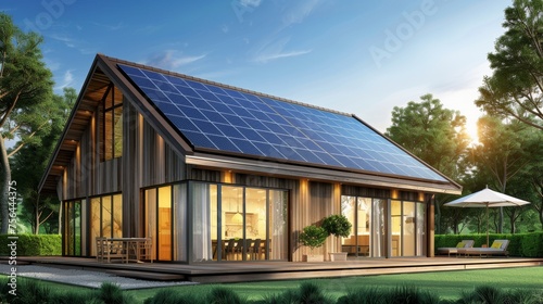 Solar panel integration on modern house roof, harnessing sun s energy for home power © Ilja