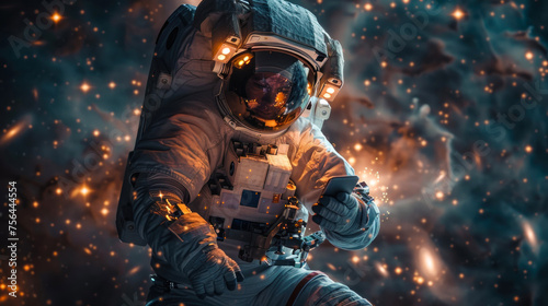 A striking image of an astronaut surrounded by glowing stellar particles, illustrating the vastness of space