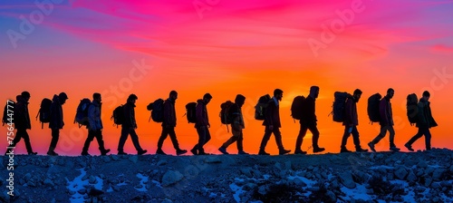 Group of diverse people embarking on an adventurous mountain hike at sunset in summer