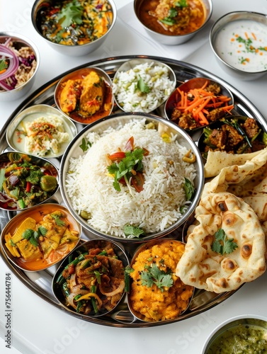 A round wooden tray filled with a variety of colorful Indian dishes. The dishes are arranged in a circle. In the center is a bowl of white rice  surrounded by smaller bowls of curries and chutneys.