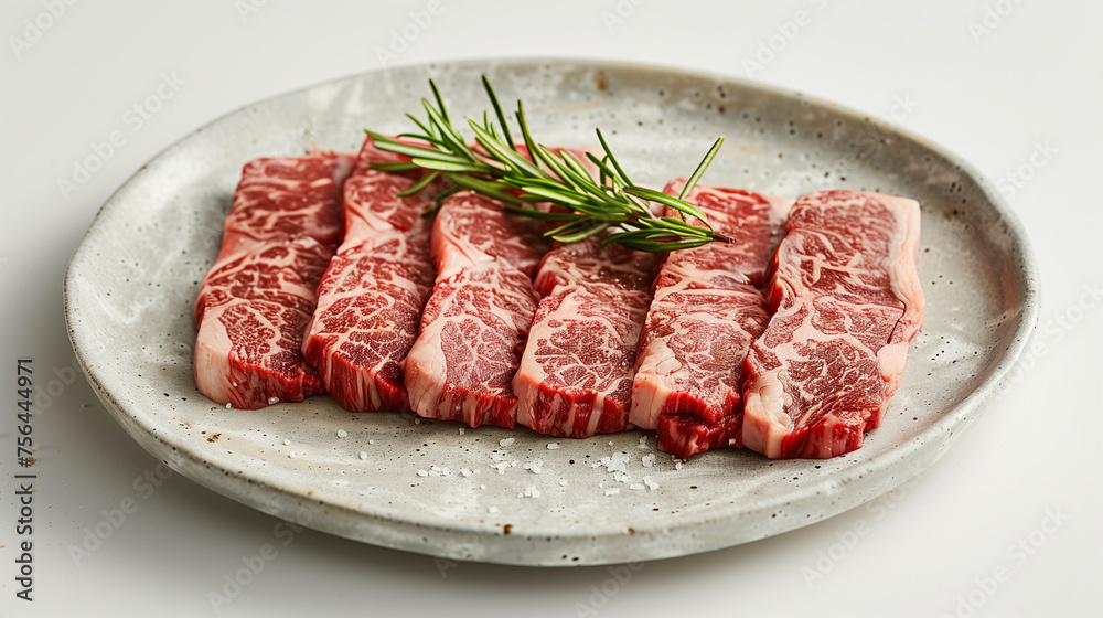 Close up of marble texture of wagyu, Wagyu Beef, Raw beef slice for barbecue or Japanese style yakiniku food barbecue and grilled over charcoal on stove, Close up japanese A5 wagyu premium beef. 