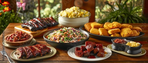 A close-up of a summer picnic spread on a wooden table. The spread includes ribs, cornbread, coleslaw, and a side salad.