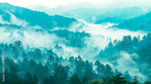 Serene view of fog enveloping a lush mountain forest at dawn photo