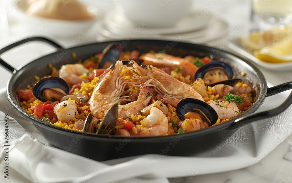 A close-up of a traditional Spanish paella dish filled with shrimp, mussels, and saffron rice.