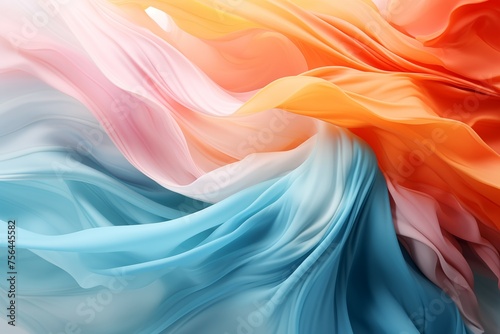 closeup fabric in light blue, light yellow, light orange in the wind on white background © kenkuza