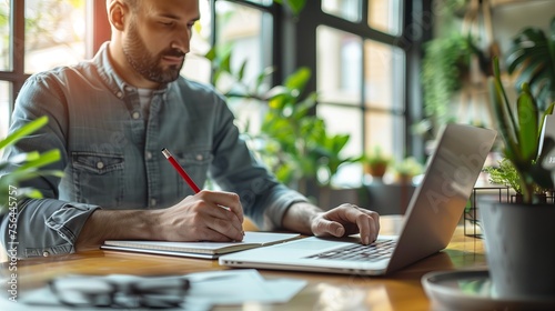 Close up hannd of man writing in notebook with pen while sitting at a wooden desk near a laptop computer, photo