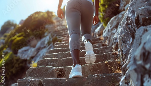 Athletic black woman running up ancient stairs on a mountain. 