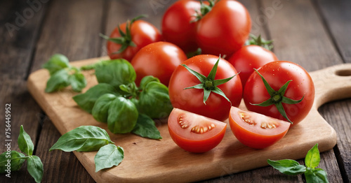 Fresh ripe tomatoes on rustic wooden background, epitomizing natural health and vibrant flavor.