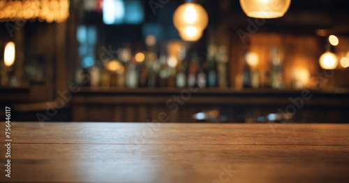 Blurred background of hipster bar  with warm lighting and wooden counter  perfect for cozy evening in the city.