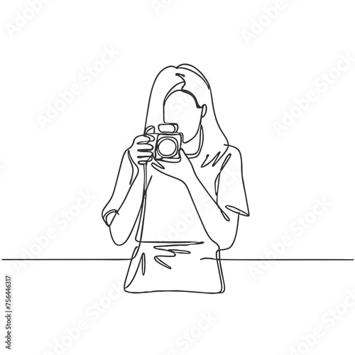 cute minimalist black ink drawing drawing of a young woman taking photos photo