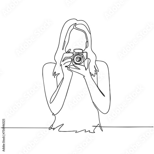 cute minimalist black ink drawing drawing of a young woman taking photos