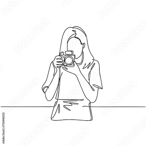 cute minimalist black ink drawing drawing of a young woman taking photos