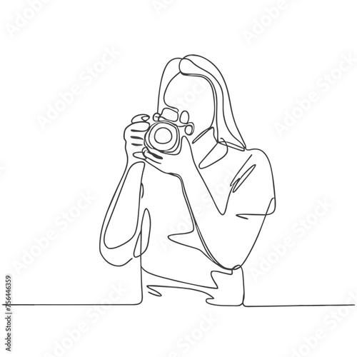 cute minimalist black ink drawing drawing of a young woman taking photos