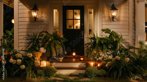 Enchanting lantern lit courtyard with greenery, colorful flowers, and traditional architecture glow