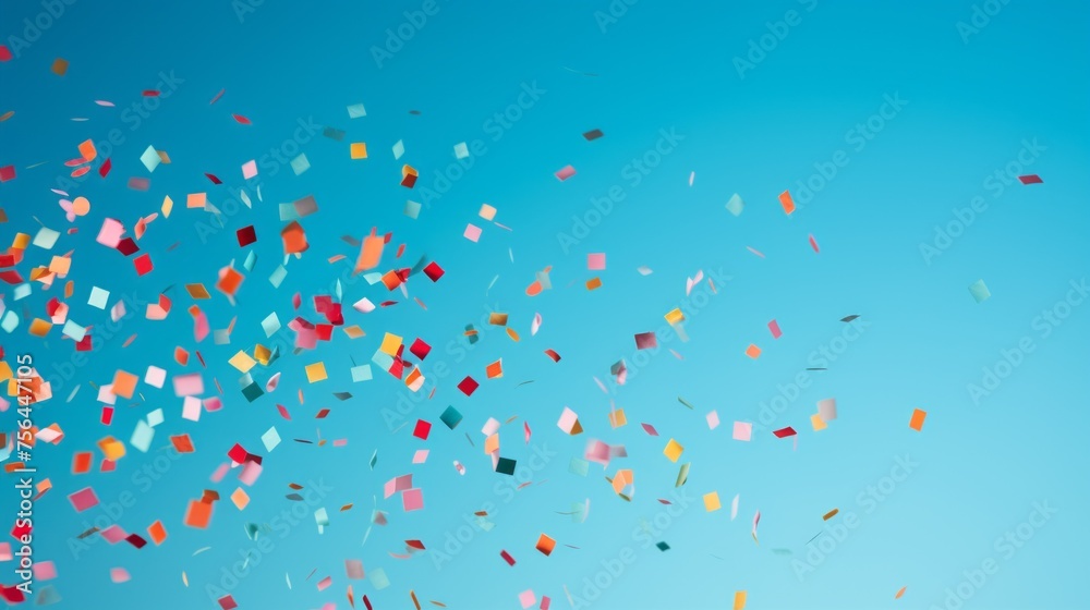 Festive multicolored confetti flying on a blue background from the copy space. A horizontal banner for Advertising and Text.