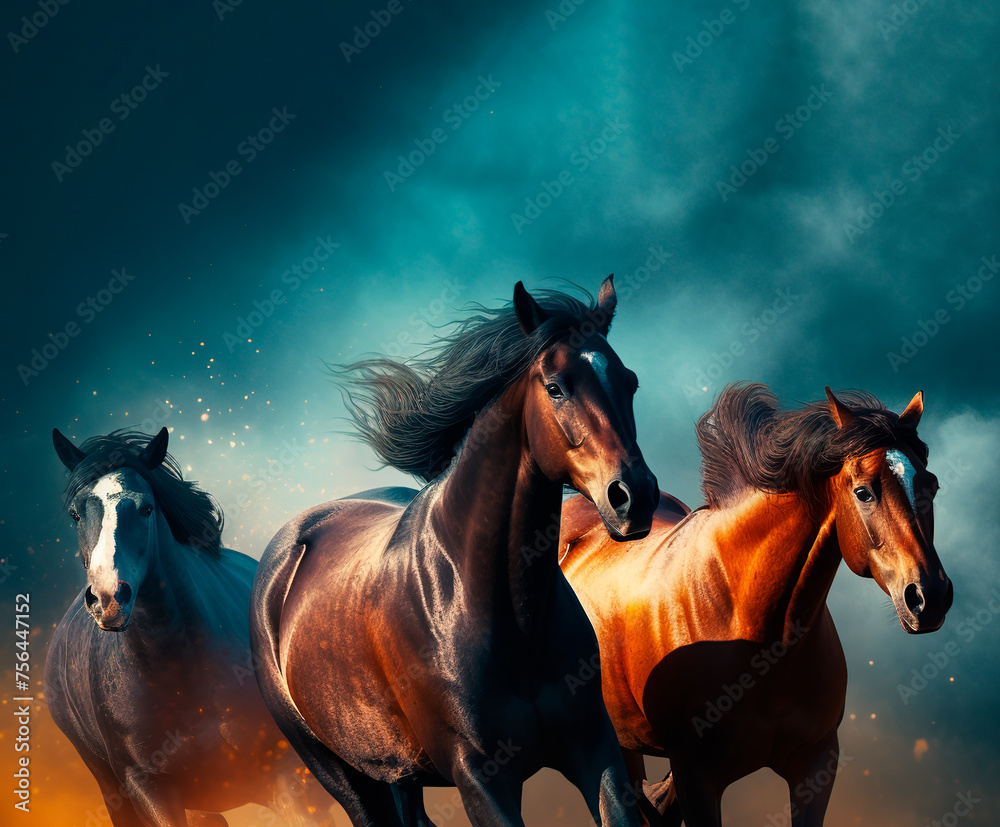 Fototapeta premium Three horses are rushing at full speed. Horses are running on the background of stormy sky