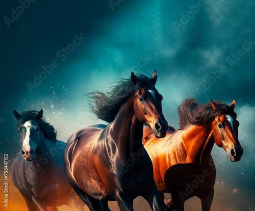 Three horses are rushing at full speed. Horses are running on the background of stormy sky © Valkantina