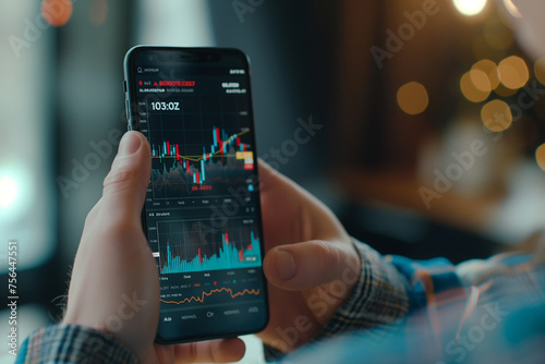 Business man trader investor analyst using mobile phone app analytics for cryptocurrency financial market analysis trading data index chart graph on smartphone.