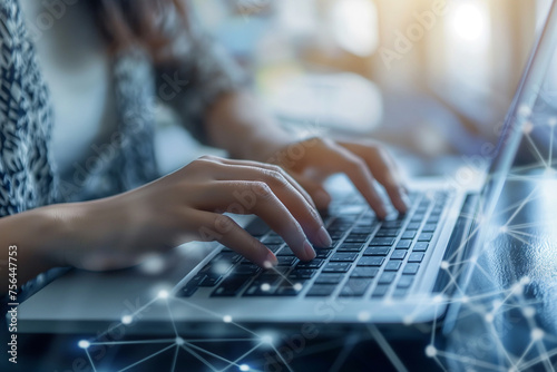 Business woman hands typing on laptop computer keyboard surfing the internet at the office with copy space for web banner Woman worker and business concept.