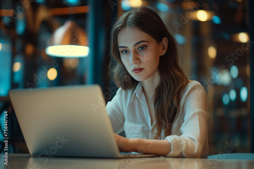 Businesswoman working on laptop computer at office. Business woman using portable computer surfing the internet searching the information online working e-learning concept photo