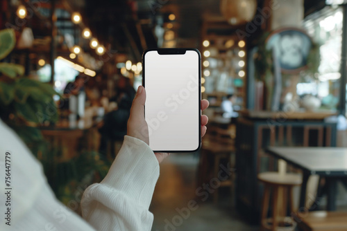 Cell phone white screen mockup Business woman hand holding mobile phone finger touching on blank screen while working at coffee shop mockup for social media advertisement photo