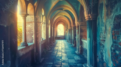 Enchanted medieval cloister in sunset light
