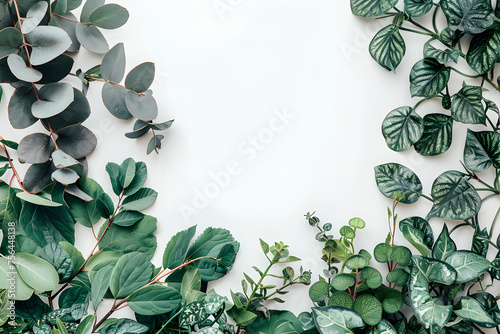 Frame of green leaves on a white background. Design a banner template for advertising, summer cards, invitations, posters with place for text