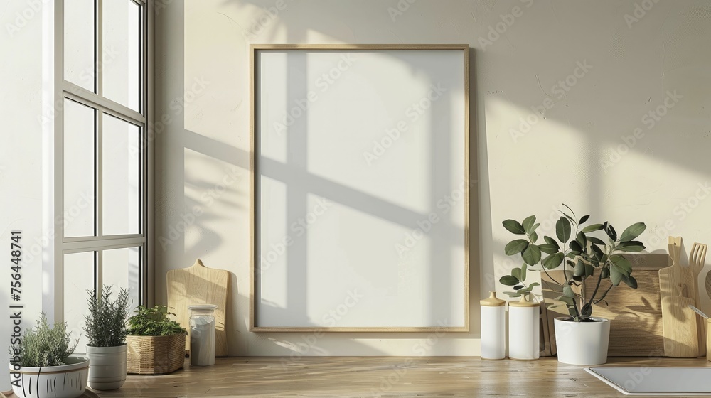 Modern minimalist kitchen background with a white poster frame mockup, close up for home appliance online shopping ads. Modern minimalist kitchen background with a white poster frame mockup, close up for home appliance online shopping ads.