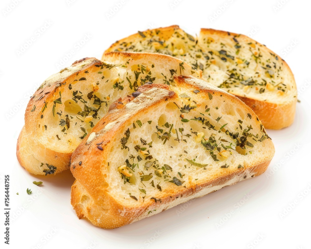 Herb Bread Slices with Garlic Flavor Isolated on White Background. Perfect for French Cuisine and Vegetarian Food Concept