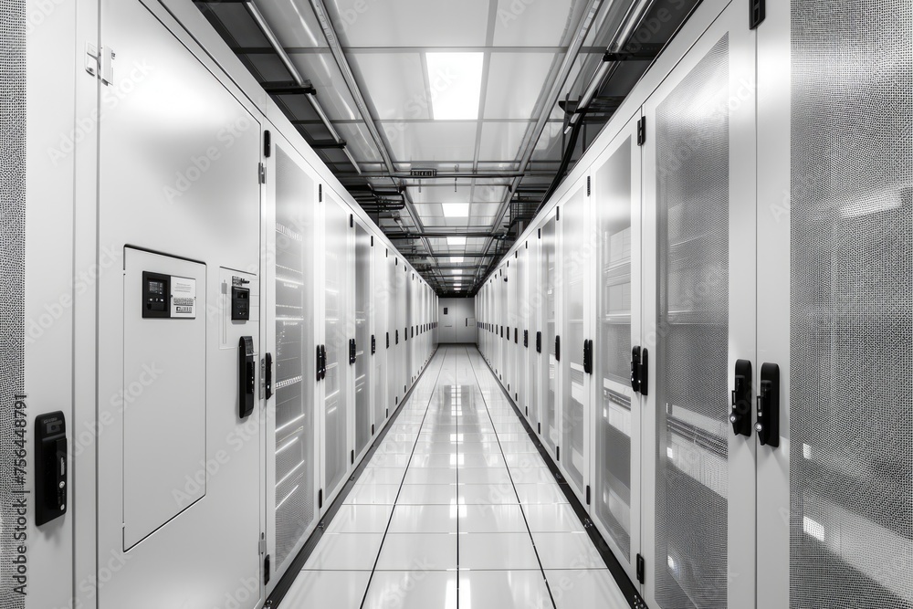 Fototapeta premium Modern Data Center with White Servers: Hardware Technology in a Cyberspace Server Room