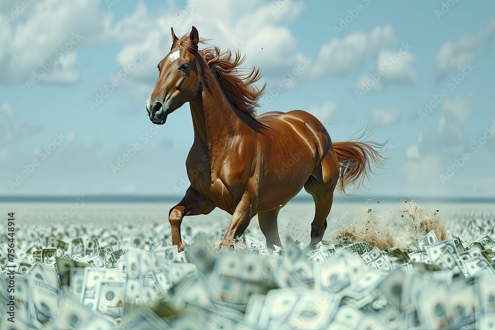 A graceful horse runs through a money field under a sky blue backdrop, ideal for financial planning ads. A graceful horse runs through a money field under a sky blue backdrop, ideal for financial planning ads.