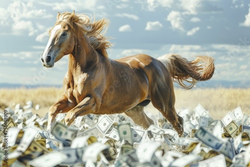 A graceful horse runs across a money field against a sky-blue backdrop  ideal for showcasing financial freedom in ads.