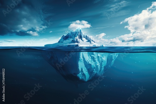 Iceberg Underwater - Hidden Danger of Melting Ice and Global Warming Concept. Blue Arctic Ocean Water Background