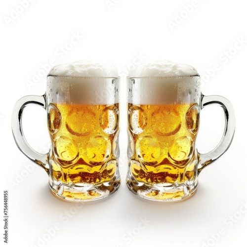 Mugs of Beer Cheers! Two Foamy Mugs of Cold Lager Isolated on White Background for Alcohol and Drink Related Designs