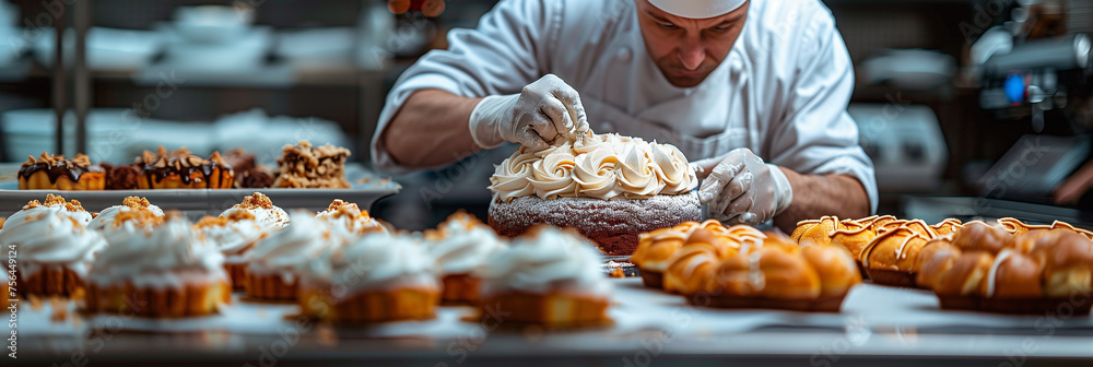 Pastry Chef Decorating a Cake with Creamy Icing in a Professional Kitchen