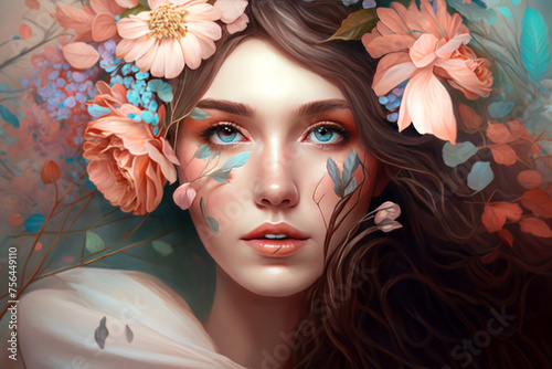Girl beautiful portrait with flowers on her head. Flower style portrait. Generative AI
