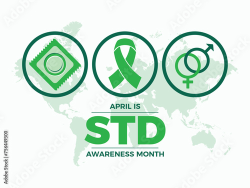 April is Sexually Transmitted Diseases (STD) Awareness Month poster vector illustration. Green awareness ribbon icon vector. Template for background, banner, card, poster. Important day