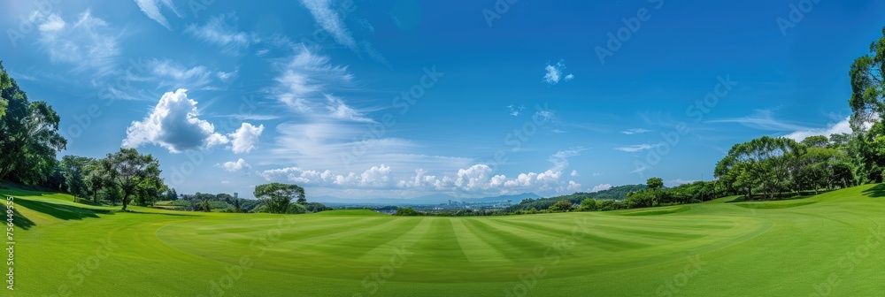 Panoramic View of Fairway at Prefecture Golf Course in - Green Country Club with Spectacular Skyline and Scenic Turf Panoramic View of Fairway at Prefecture Golf Course in - Green Country Club with Spectacular Skyline and Scenic Turf