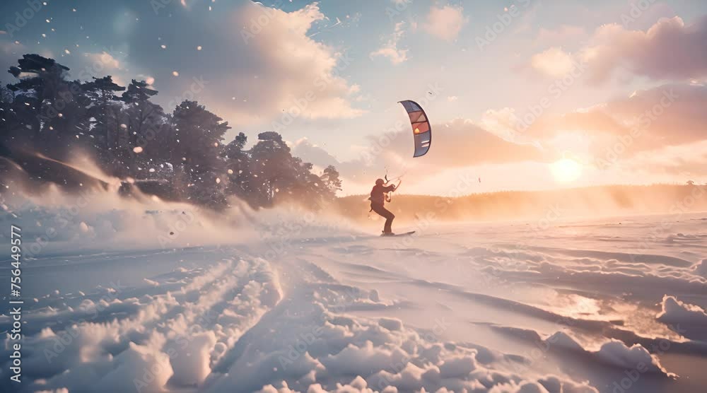 a man doing a sky kite in the winter snow