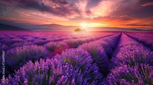Lavender Field: Vibrant Colors of Lavandula in Stunning Sunset Landscape with Dramatic Sky and Cloudscape