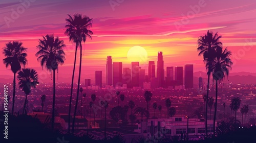 Skyline. Stunning View of Cityscape and Palm Trees in  with Golden Sunset in Golden State © Serhii