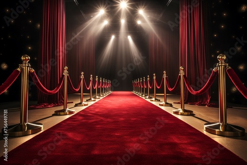 A red carpet lined with gold poles and barriers, creating an elegant pathway for VIP guests at an event. photo