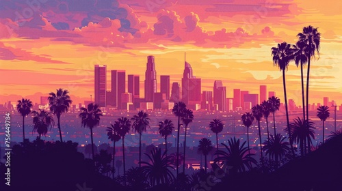Skyline. Stunning View of Cityscape and Palm Trees in with Golden Sunset in Golden State