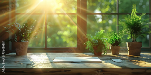 A bright and sunny workplace with a wooden table by the window, adorned with green plants.