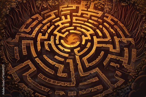 Circular golden maze design with a central emblem on a jungle backdrop