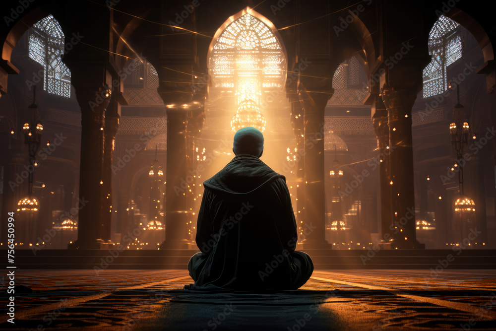 A solitary figure meditates in a tranquil mosque, bathed in the ethereal glow of sunlight streaming through ornate windows.
